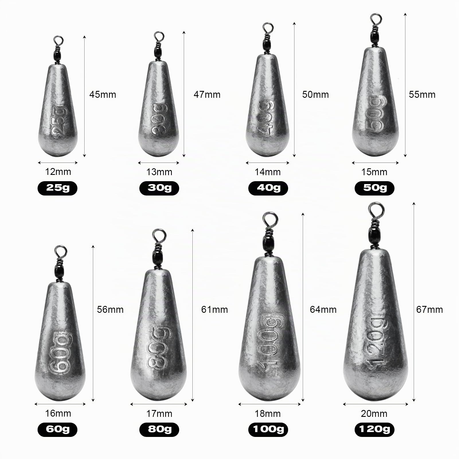 Set di piombo da pesca a forma di pera, da 25 g fino a 120 g, in metallo ad alta densità, resistente alla ruggine e superficie liscia, ideale per la pesca in posa e di base