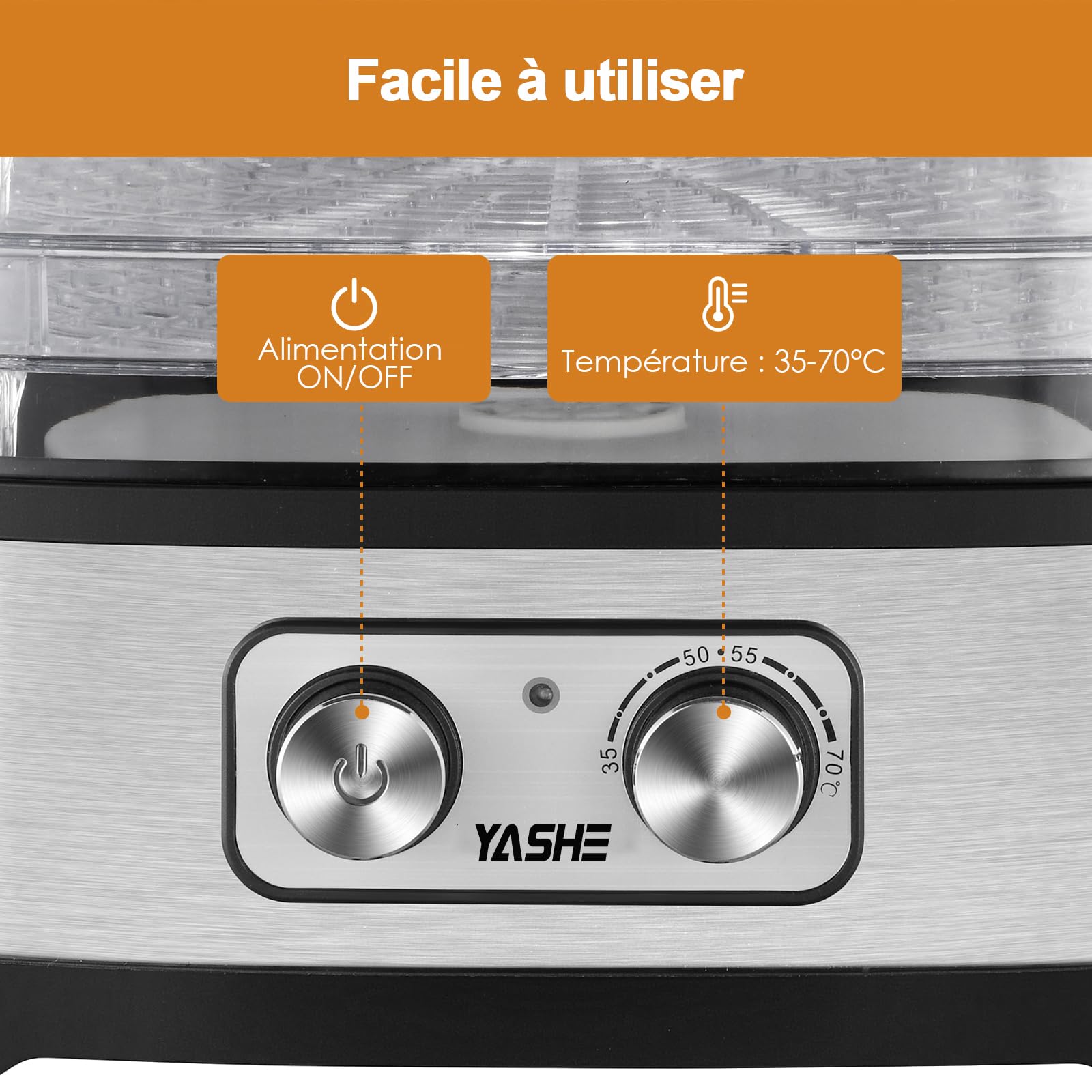 YASHE GGJ-261A Déshydrateur Alimentaire, 5 Plateaux Réglables en Hauteur, Contrôle de la Température de 35 à 70°C, Deshydrateur de 240 Watts pour Fruits et Légumes, Sans BPA