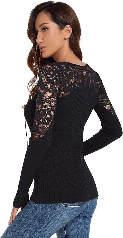 AmélieBoutik Women Floral Lace Inset Lace Up Ribbed Long Sleeve