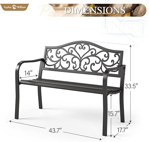 Miniatura 2 de Sophia & William Banco para exteriores, banco de jardín de metal, bancos de parque de hierro fundido para exteriores con respaldo de diseño floral,