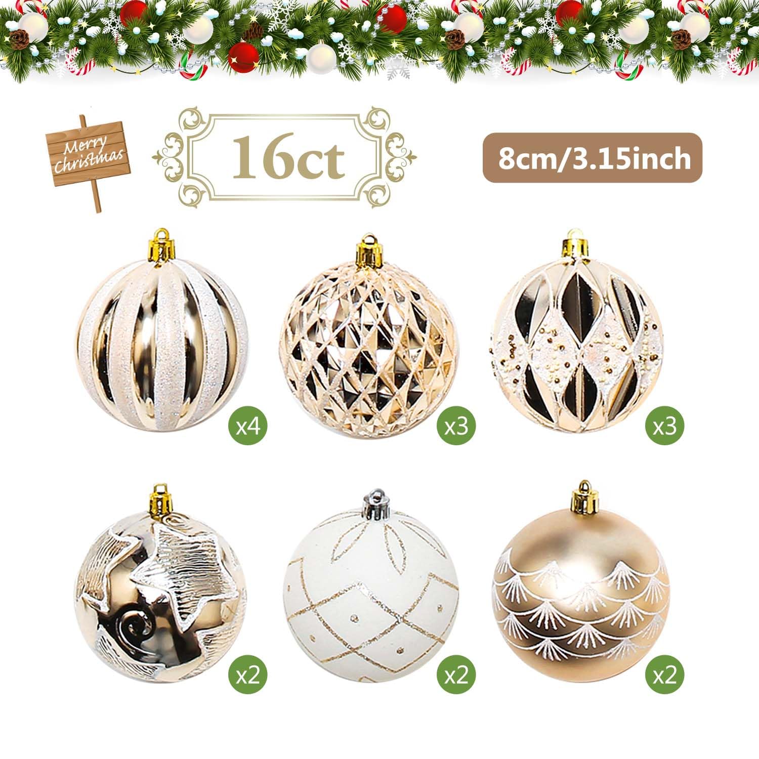 SVNVIOZ Champagne White Baubles, 16Pcs 8cm Ball Ornaments Set, Hanging Xmas Decorations Shatterproof Balls for Christmas Tree - Image 2