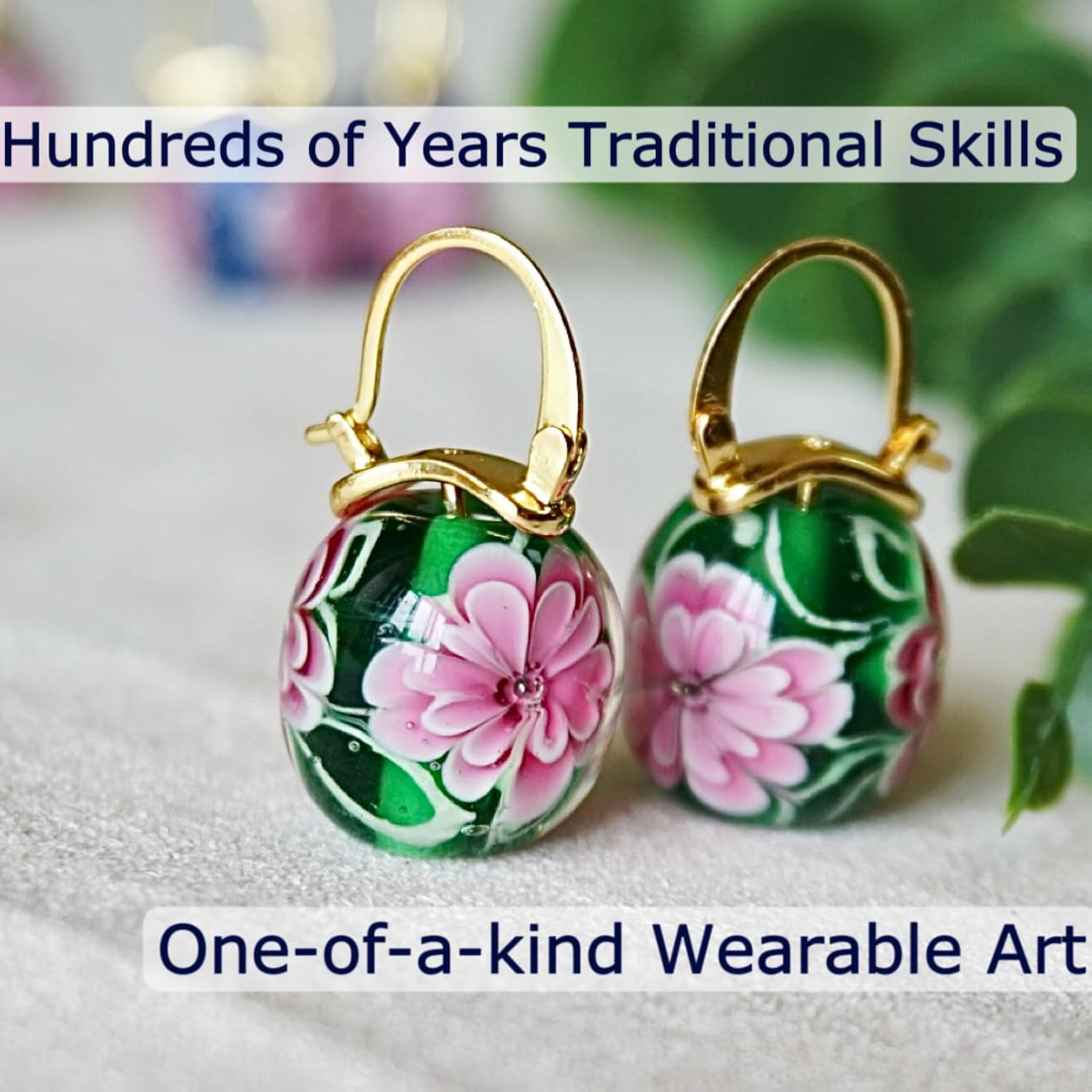 Murano Glass Style Floral Huggie Hoop Earrings, 16mm Cute Pink Peony Flower, 1920's Vintage Jewelry Inspired Earrings for Women