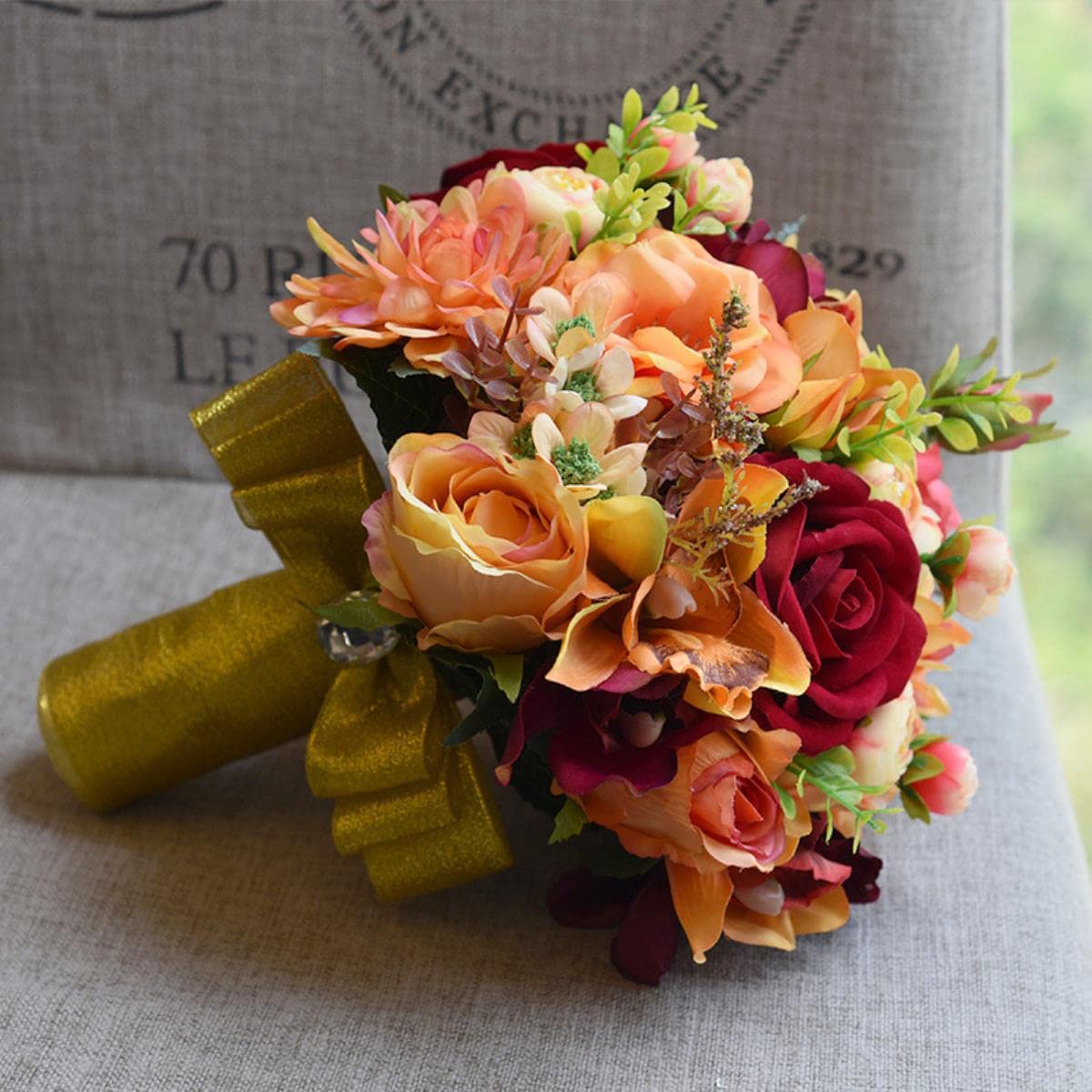 Jesienny motyw Burgundowe kwiaty róży Ślubne kwiaty polne Pomarańczowy bukiet ślubny Duży i mały 3 szt. ZESTAW Bukiet ślubny,Size L Bouquet Only