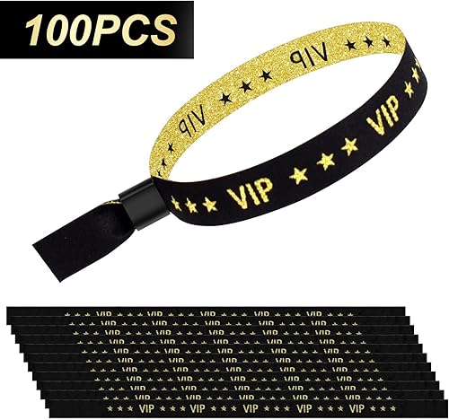 Miniatura 4 de Paquete de 100 pulseras metálicas VIP para eventos Pulsera de tela premium con tejido jacquard de lurex Pulsera con letras VIP brillantes para