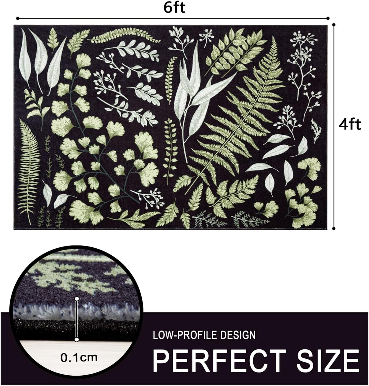 Estmy Black Botanical Rug, Ultra Thin Stain Resistant 4x6 Area Rug Washable, Vintage Natural Fern Eucalyptus Floral Accent Aesthetic Carpet for Bedroom Kitchen Living Room Entryway Indoor Rug