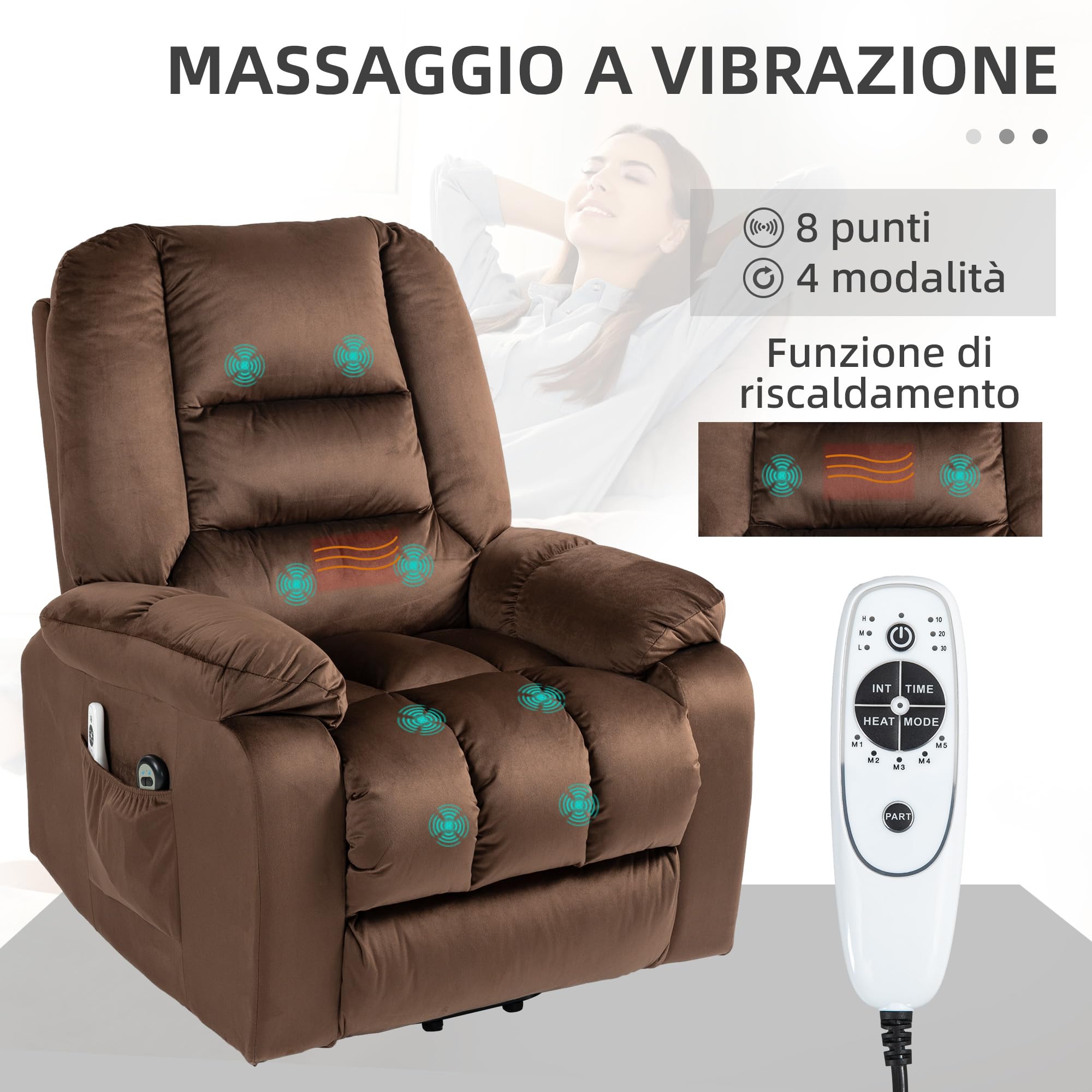 HOMCOM Poltrona Relax Alzapersona Reclinabile in Velluto, Poltrona Massaggiante e Riscaldata con 8 Punti Massaggio e 4 Modalità, Marrone