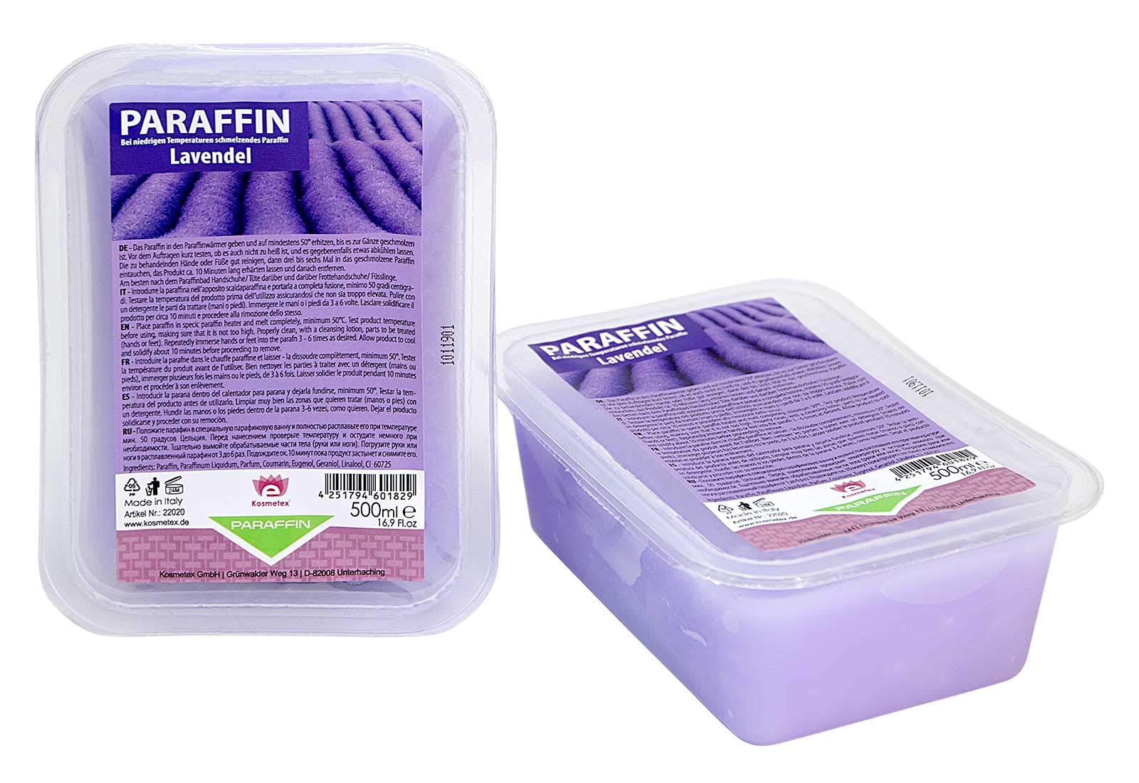 Kosmetex Wellness-Paraffinbad Lavender Lavendel – Paraffin-Entspannungsbad für Hände und Füße – Paraffinwachs – Paraffin-Block für Wachserwärmer (4x 500ml)