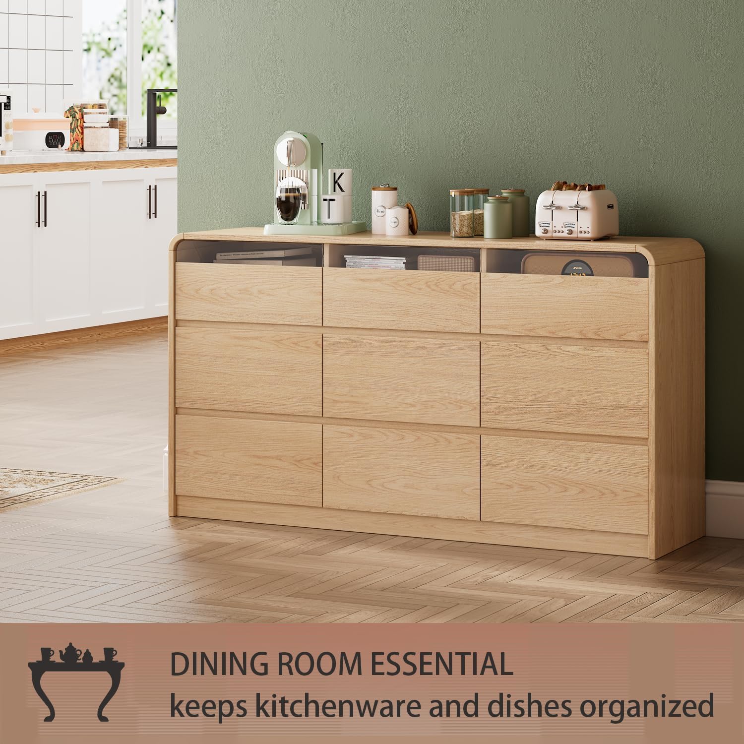 Ieejdn 63.1" Large 9 Drawer Storage Organizer, Wide Dresser with Recessed Glass Display & Silent Metal Rails, Handleless Chest of Drawers for Clothes, and Bedding,Wood