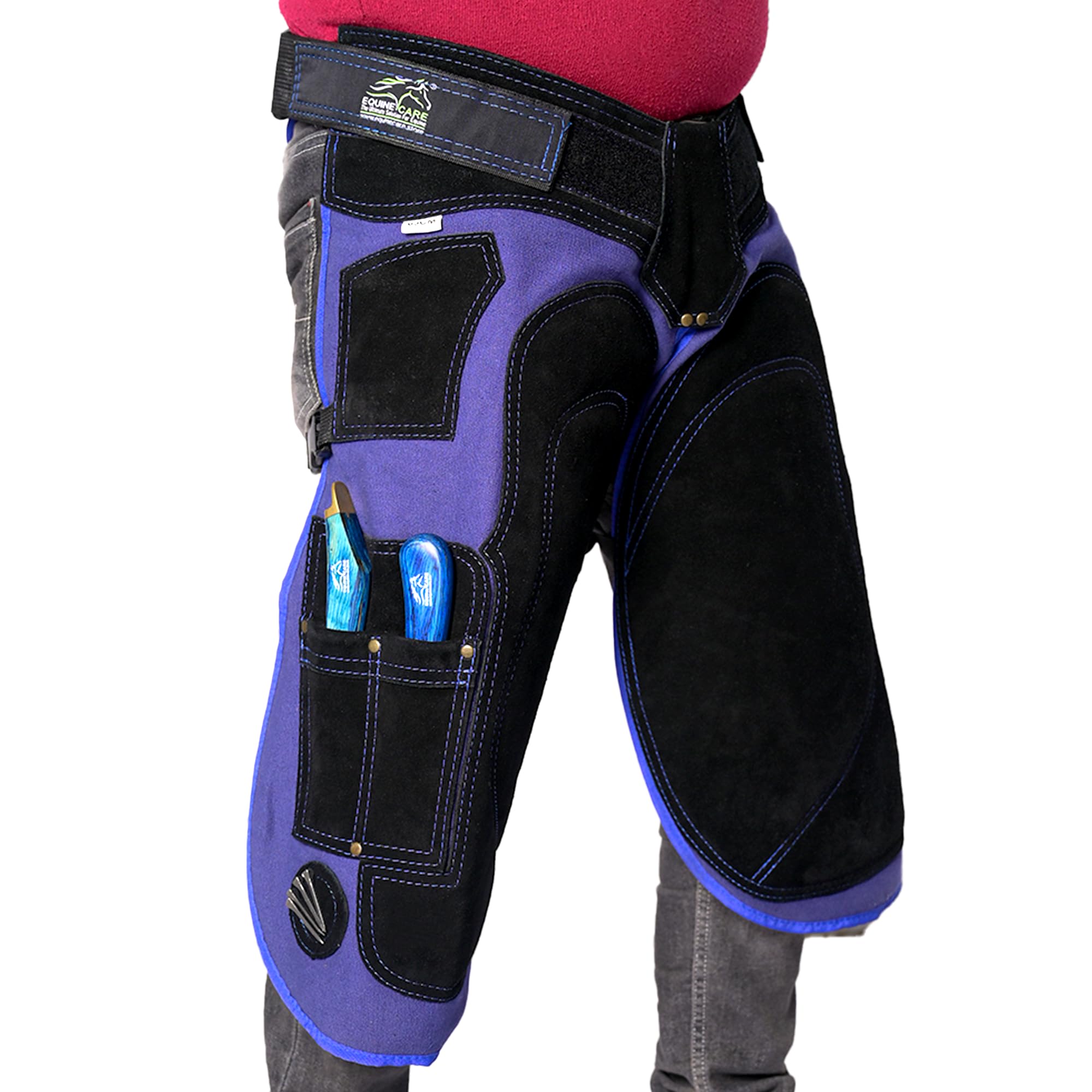 Equine Care Grembiule, grembiule con 4 tasche per coltelli e 2 calamite per chiodi, in pelle e tela, lunghezza 65 cm, colore: blu e nero