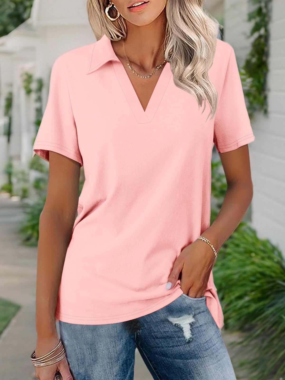 Women's Polo Shirts Short Sleeve V Neck Summer Tops Business Casual Collared Shirts Loose Tees
