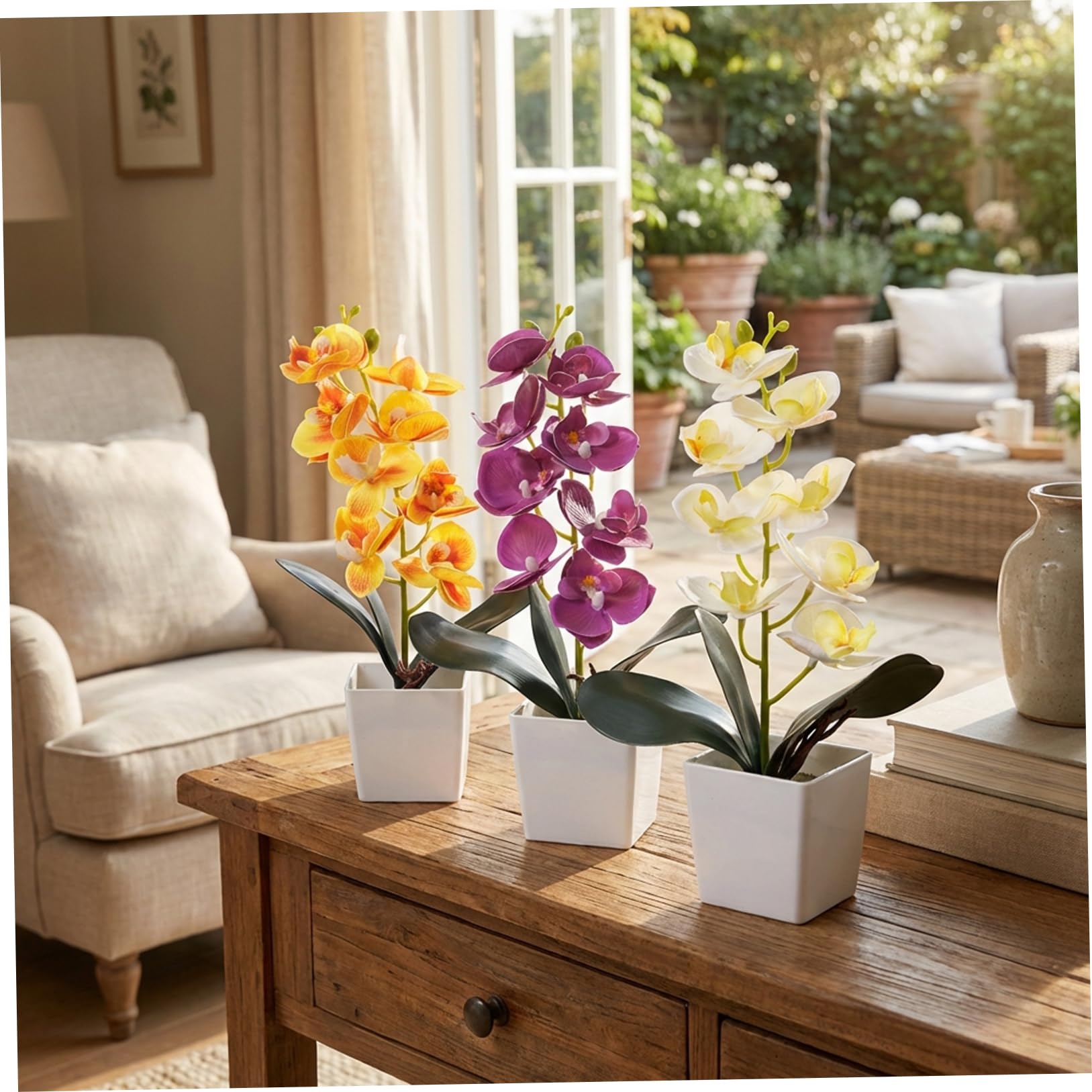Confezione da 3 Orchidee Artificiali in Vaso di Ceramica, pianta di Orchidea Finta con 8 steli, Fiori di Seta realistici per Decorazioni di casa e Ufficio, Viola, Bianco e Arancione.