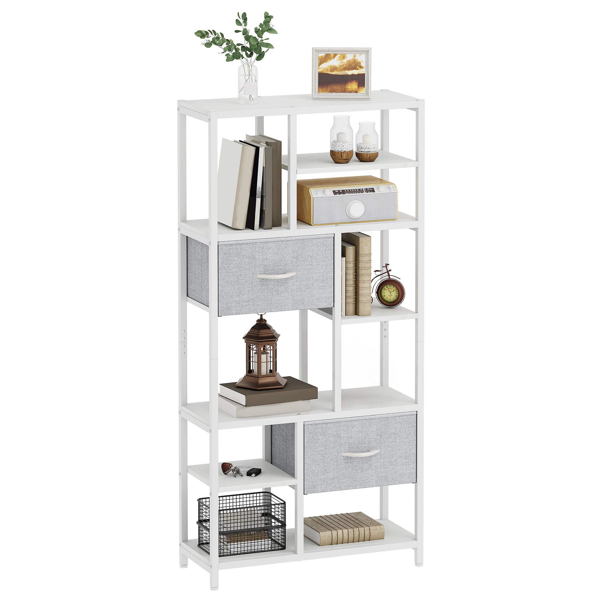 YITAHOME Estantería para Libros con 7 estantes con cajones de Piso a Techo, estantería Industrial, estantería de Acero, Adecuada para Sala de Estar, Oficina, Estudio, Pasillo, Cocina, Blanco