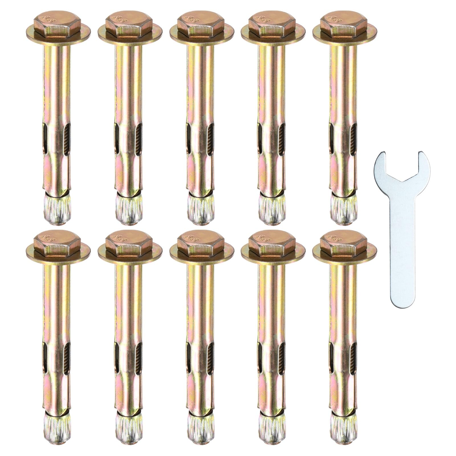 M METERXITY 10-Pack Hex Expansion Bolt, M8x70mm Colored Galvanized Iron-Carbon Steel External Hex Expansion Bolts W/ 14mm Wrench, Anti-Corrosion Metal Bolt for Concrete/Dry Brick/Block Walls
