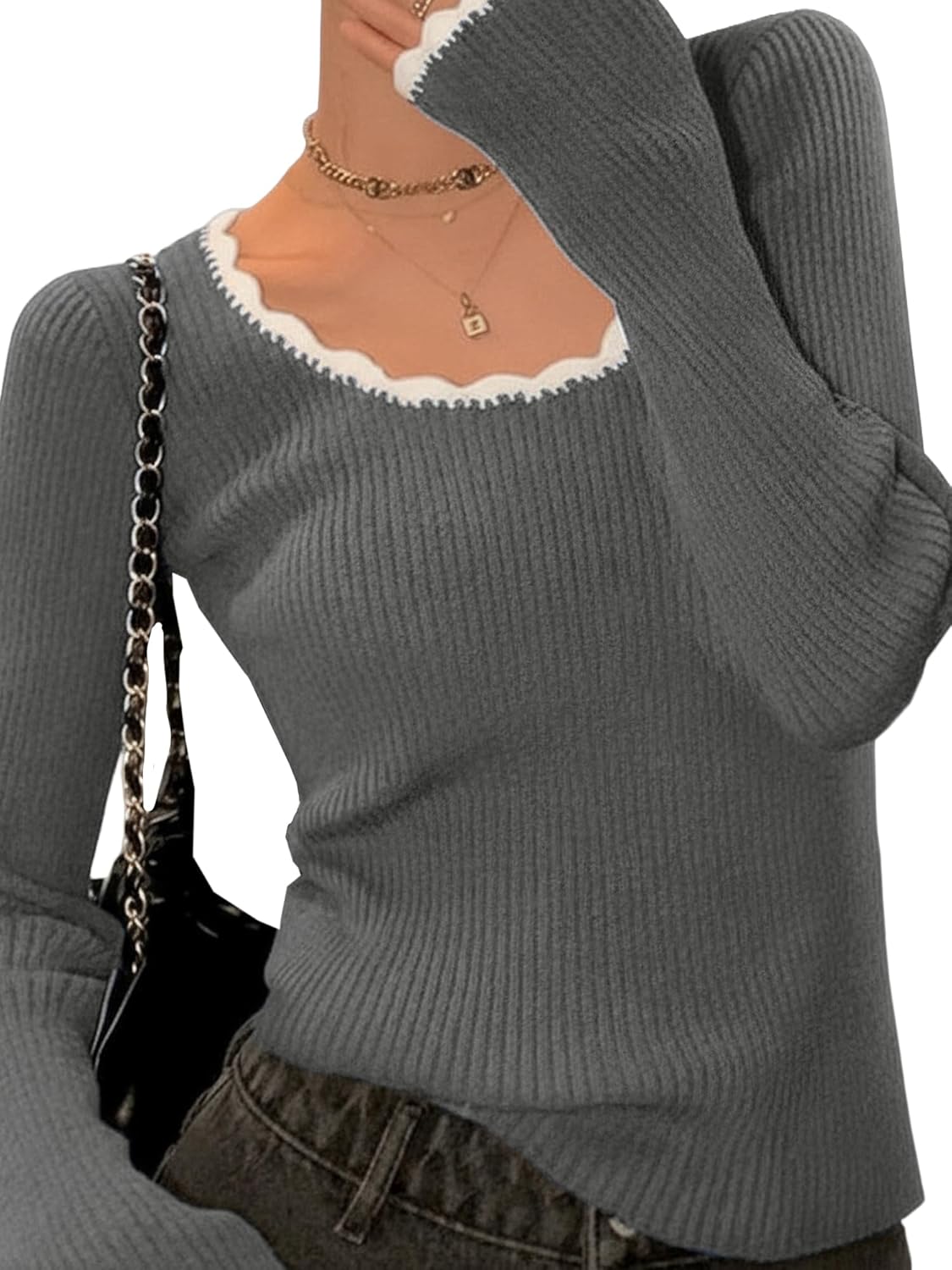 EMMIOL Womens Knit Cute Sweaters Ribbed Fitted Tops Scoop Neck Long Sleeve Shirts Going Out Y2K Outfits