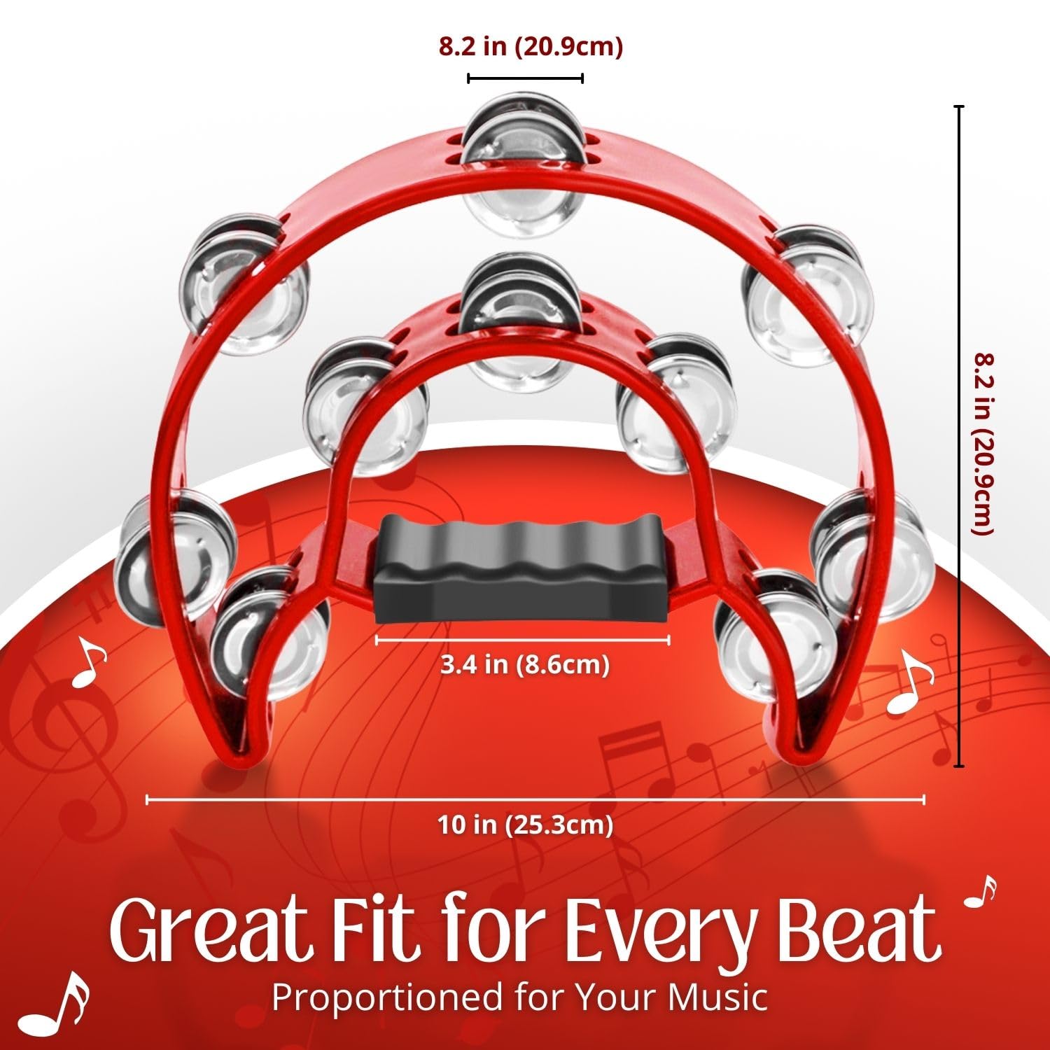 Flexzion Tambourine Metal Half Moon Musical Instruments Double Row Metal Jingles Hand Held Instruments Percussion with Ergonomic Handle Grip - Image 4