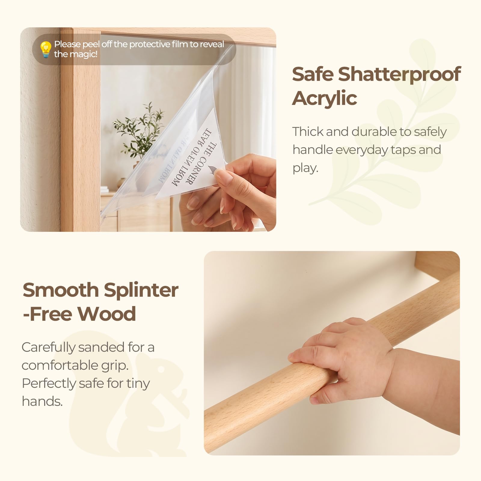 Hi Baby MONMENT Montessori Miroir avec Barre, Cadre en Bois Amovible, sécurité incassable, Support Mural, Miroir pour bébé