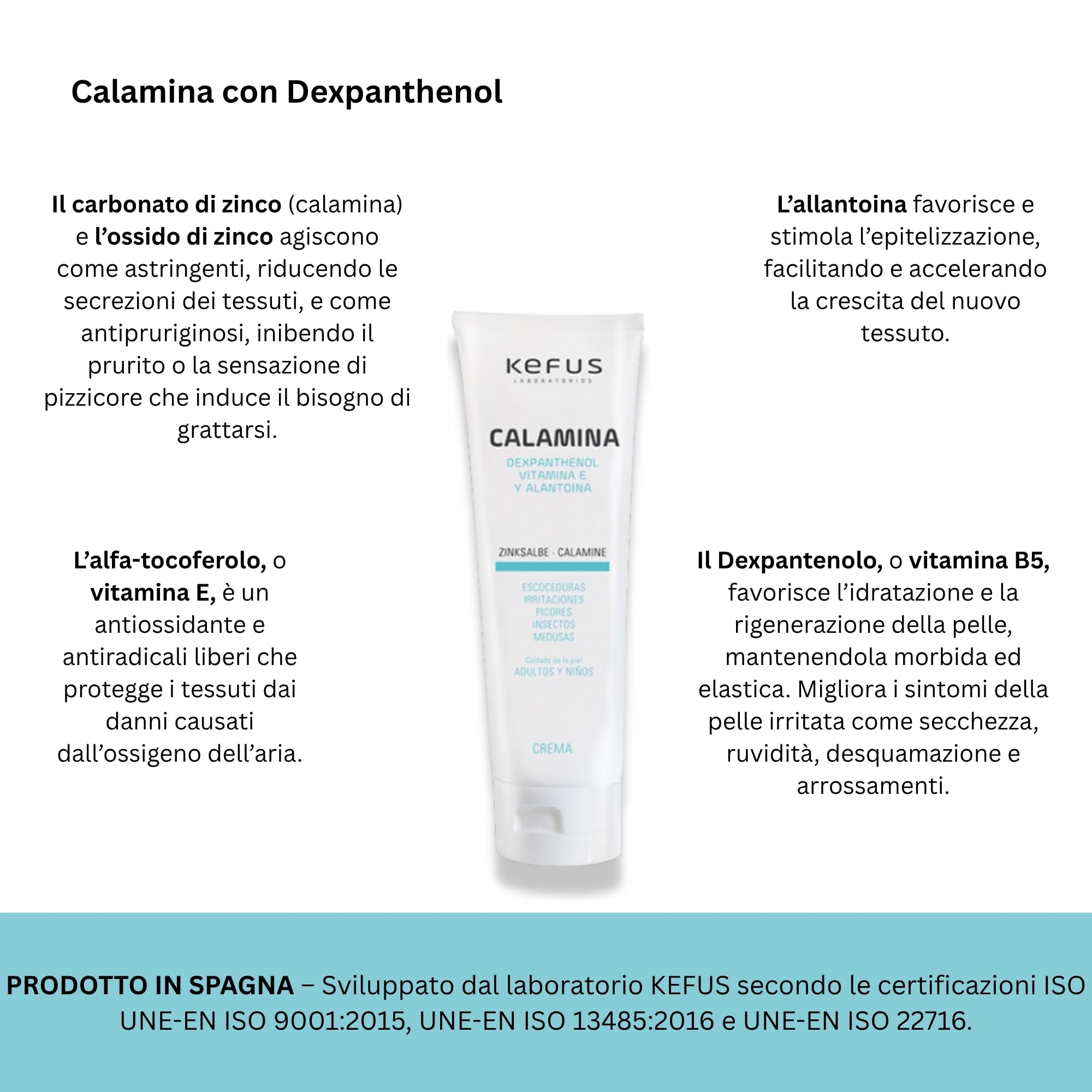 Kefus Crema Calamina con Dexpantenolo, Allantoina e Vitamina E. Astringente, assorbente e protettiva per la pelle. Previene e migliora le eruzioni cutanee, allevia le punture di insetti e meduse. 75 g