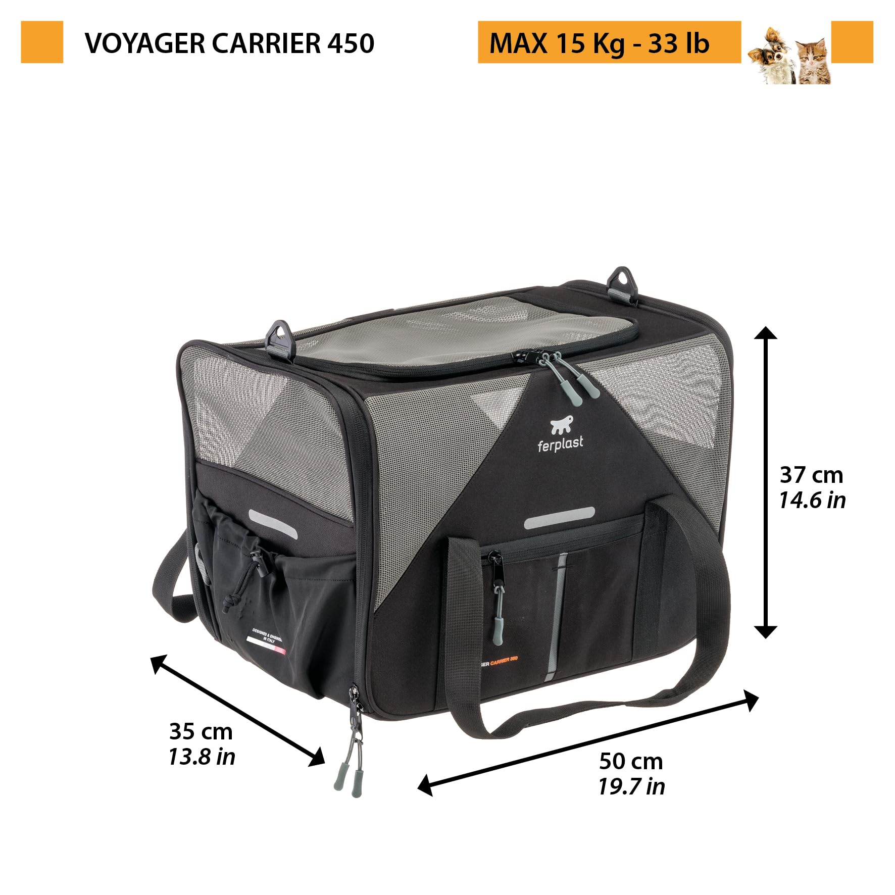Ferplast Transportín Gato Voyager Pro, Transportín Perro, Mochila para Gatos, Asas y Bandolera Regulables, Correa de Seguridad, Extensible, con Cojín, Máx. 15 kg, 49x37x39h cm, Negro