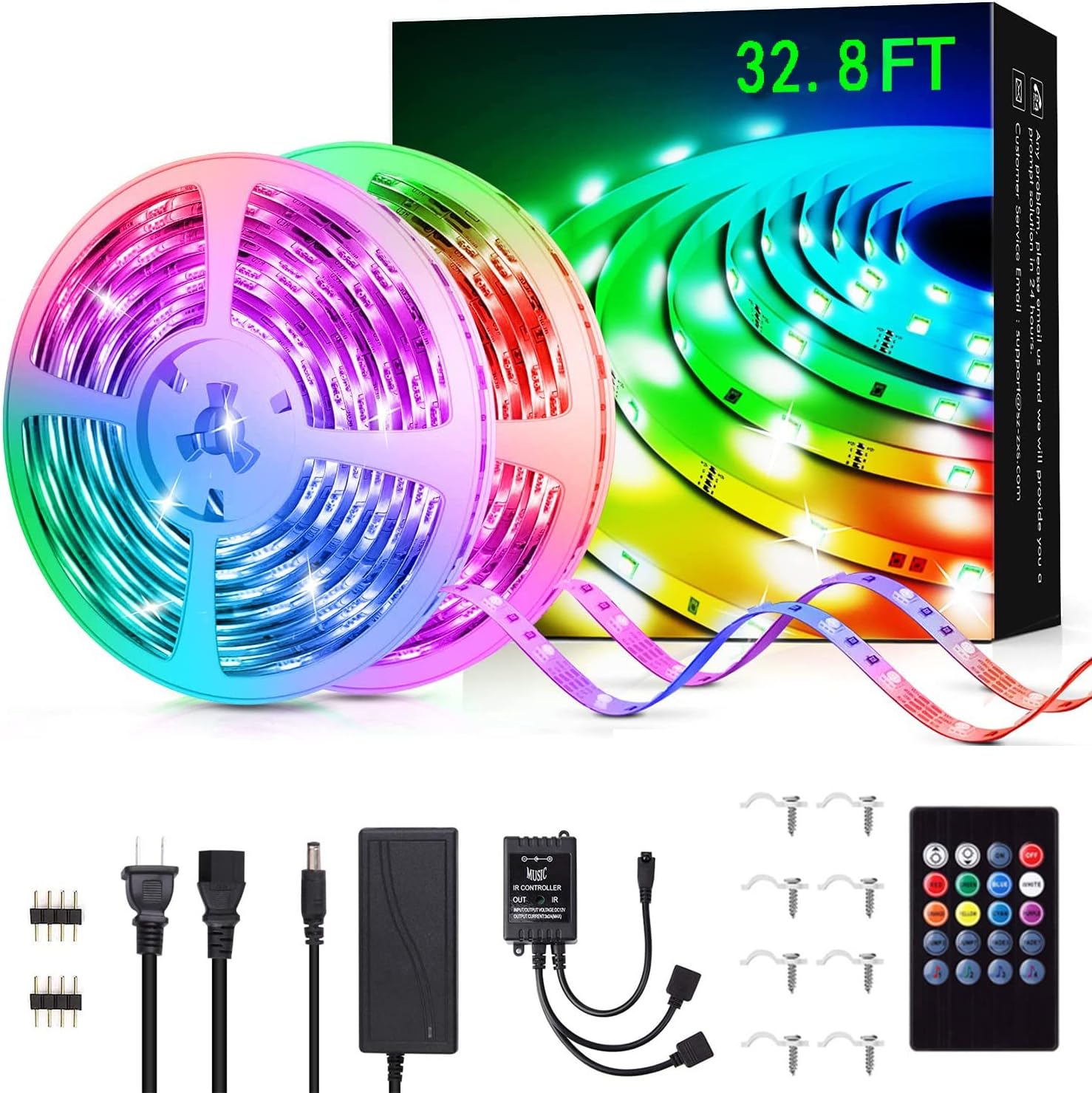 LED Strip Lights, Waterproof 32.8FT/10M 20Key, Music Sync Color Changing, Rope Light 300 SMD 5050 LED, IR Remote Controller Flexible Strip for Home Party Bedroom DIY Indoor Outdoor