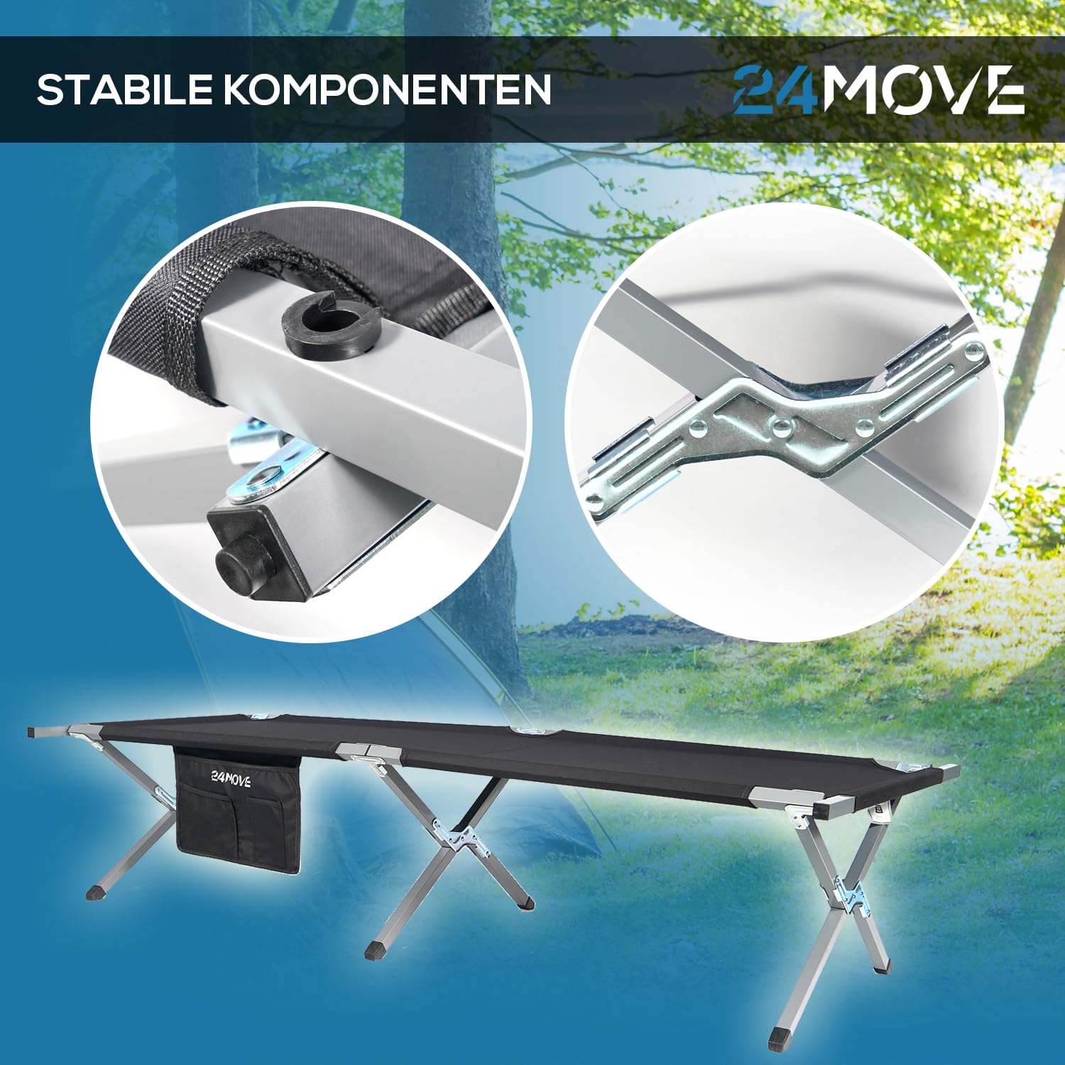 24MOVE® Feldbett Campingbett bis 200 kg In-und Outdoor Camping faltbar, 210 x 72 x 45cm, tragbar mit Tasche, für Garten oder Reisen