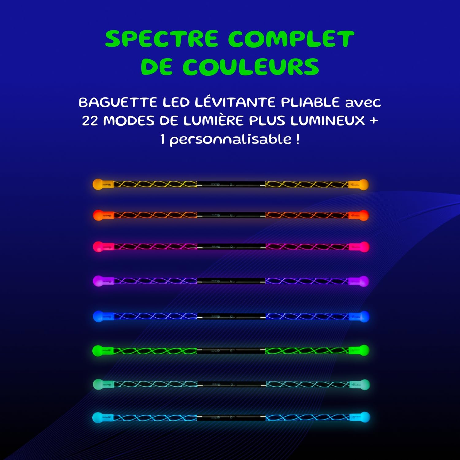 Wandini Glow.0 Baguette Magique Pliable de Lévitation à LED – Baguette Lumineuse Rechargeable par USB - 22 Modes de Lumière de Couleur – Bâton Magique à LED Brevetée et Équilibrée par des Experts.