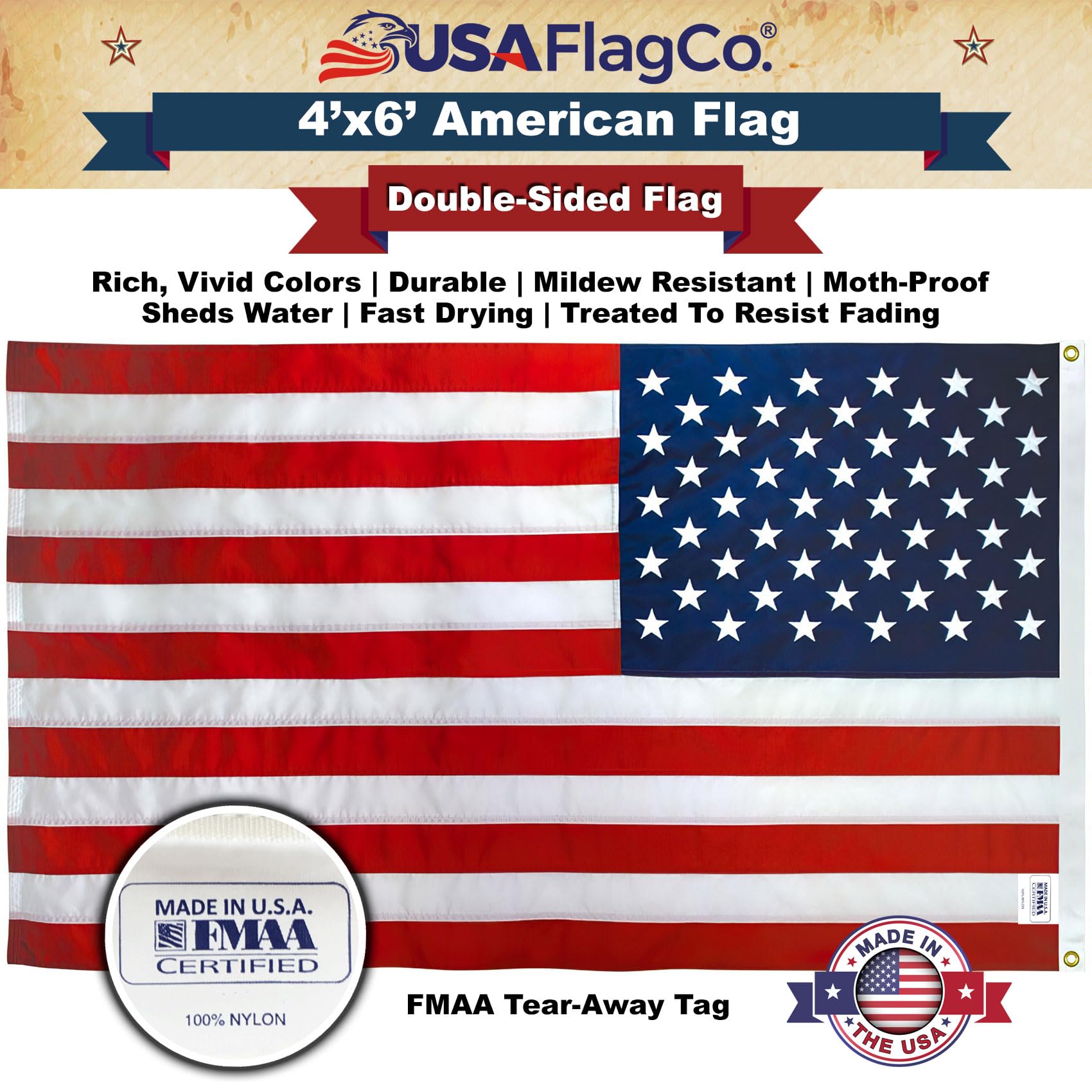 Amerykańska flaga flaga Co., wyprodukowano w USA, haftowane gwiazdy i paski szyte w USA, rozmiar US 4 x 1,5 m, nylon, 4 od 6 stóp