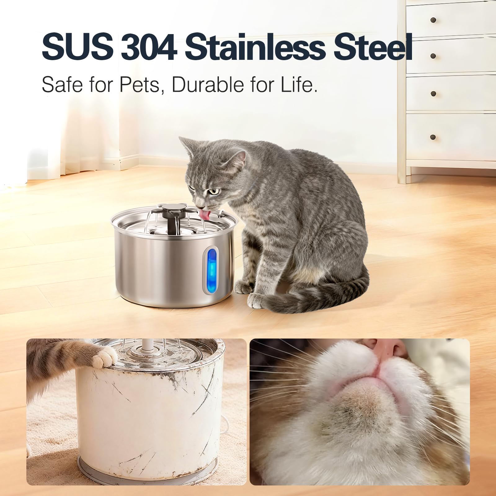 3L/101oz Stainless Steel Cat Water Fountain for Indoor Use (Includes 8 Filters) and 15 Pack Cat Water Fountain Replacement Filters - image 3