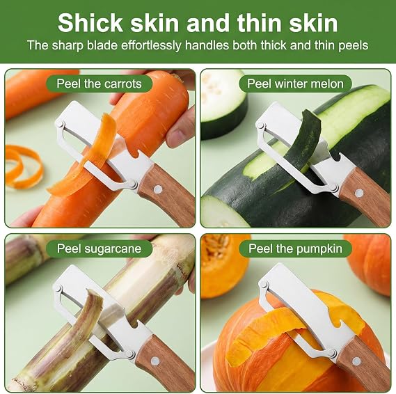 2Pcs 2 in 1 Multi Functional Vegetable Peeler, Stainless Steel Blade with Wooden Handle and Bottle Opener Kitchen Tool for Fruit Veggie Pumpkin Papaya Zucchini Peeling Potato Carrot Peeler