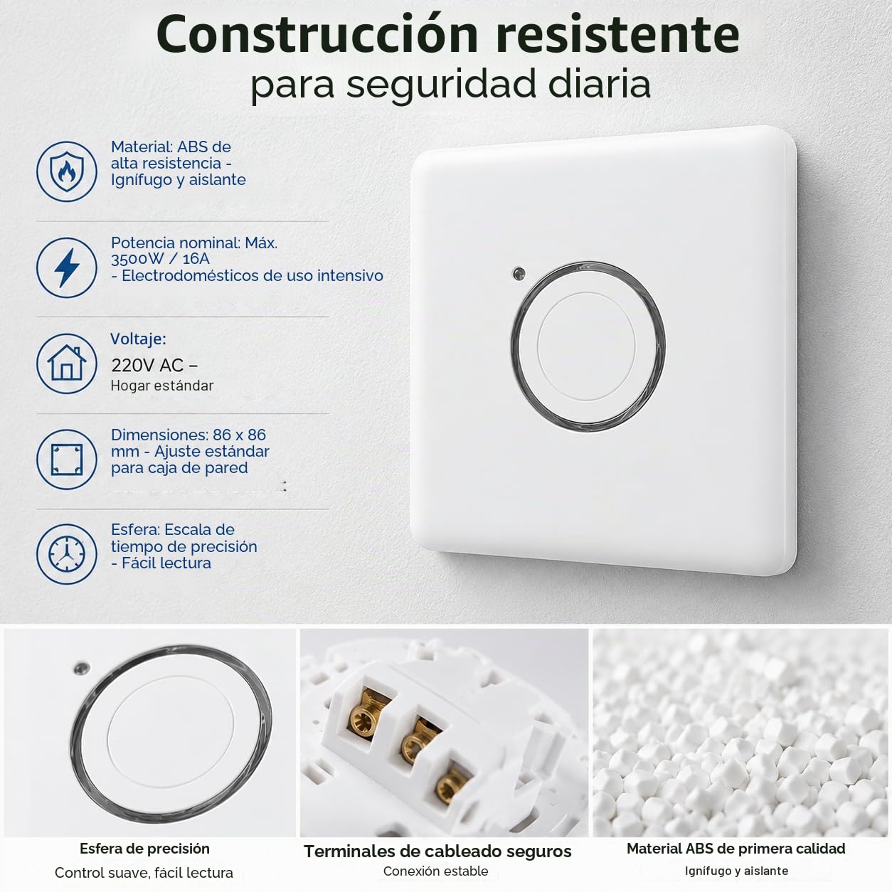 Zerodis Panel de Interruptor de Temporizador 220V Interruptor de Luz Inteligente Interruptor de Pared LED ABS Control 3500W 2 Minutos a 2 Horas Ajuste de Tiempo Cuenta Regresiva