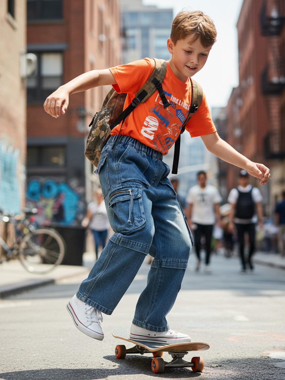 JiAmy Chłopięce spodnie dżinsowe, elastyczny ściągacz, Baggy Jeans chłopięce, szerokie nogawki, Y2k, dziecięce spodnie cargo, bawełna, spodnie dżinsowe dla chłopców i dziewczynek, 120-160 (5-14 lat)