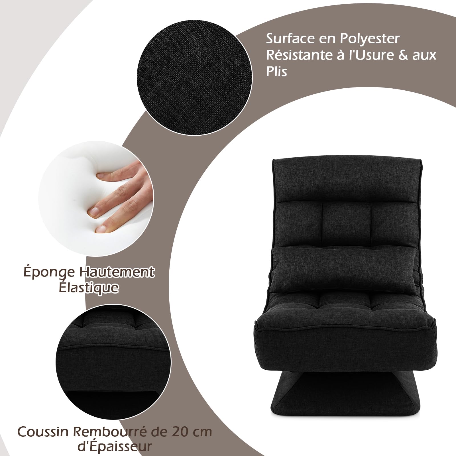 COSTWAY Chaise de Sol Pliable Réglable à 5 Positions, Fauteuil Rembourré Pivotante, avec Oreiller Lombaire, Fauteuil de Salon pour Méditer, Lire, se Reposer, sans Assemblage (Noir)