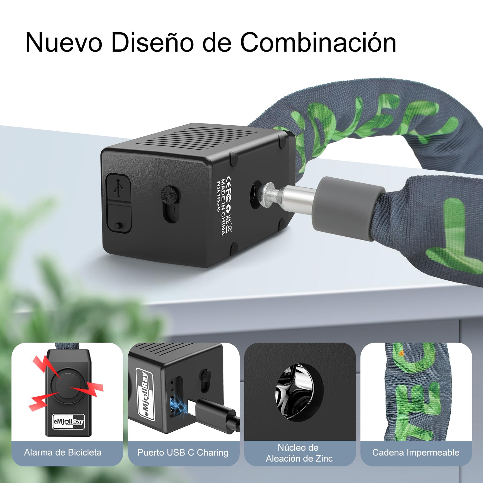 Candado de cadena para bicicleta con alarma, bloqueo antirrobo, 110 dB, seguridad de 4 pies, resistente con cable USB C y 3 llaves para bicicleta/scooter eléctrico/motocicleta