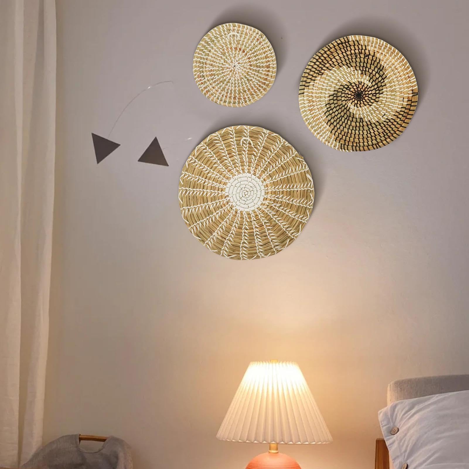 Genérico Decoración de pared de cesta tejida | Juego de 3 cestas tejidas para decoración de pared, cestas planas de mimbre Natural para colgar, decoracións bohemia para sala de estar o dormitorio