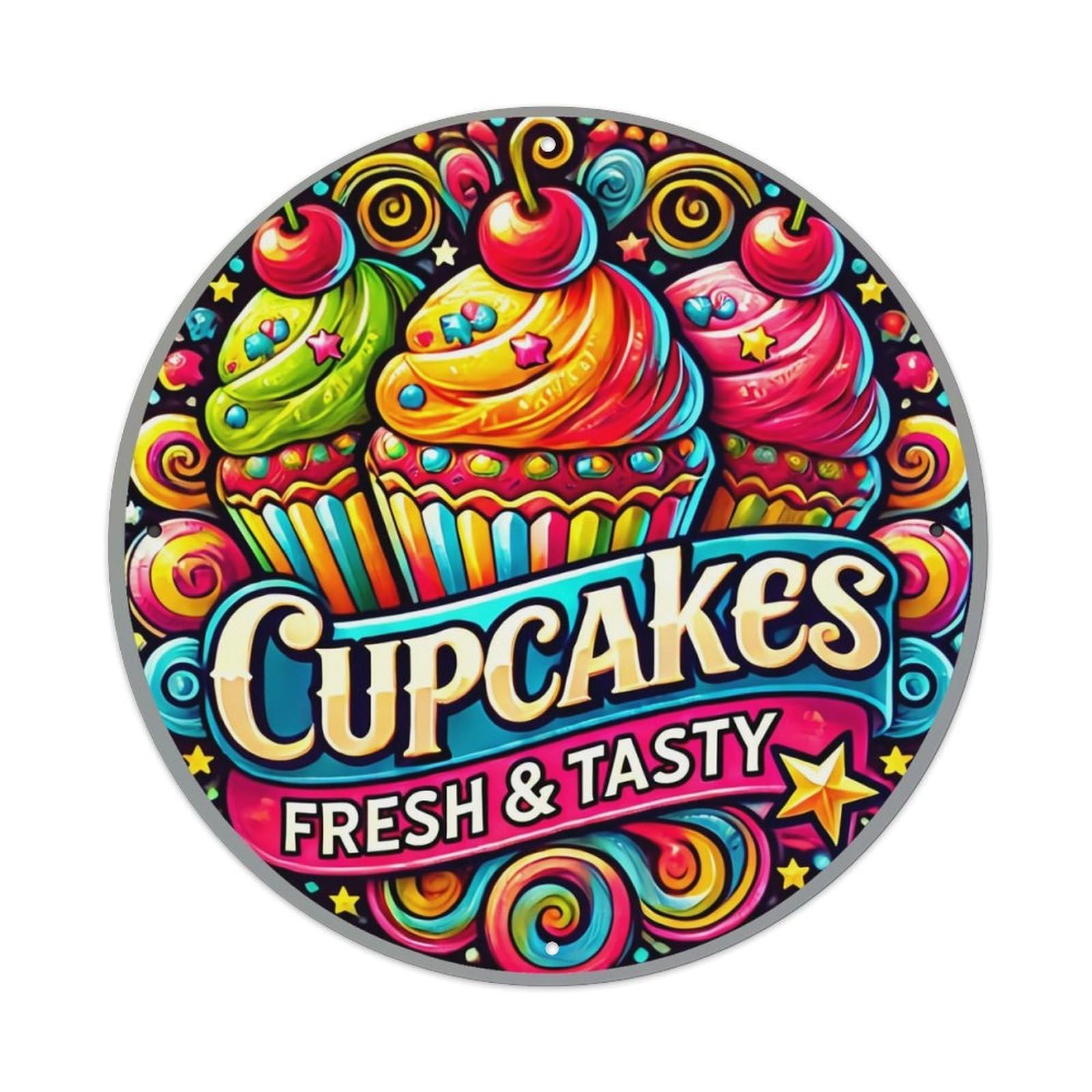 Colorful Cupcakes With Swirls And Stars Retro Metal Sign Round Tin Sign, Vintage Decor Art Poster for Bar, Home, Man Cave, Kitchen, Laundry Room Gift 8x8Inch