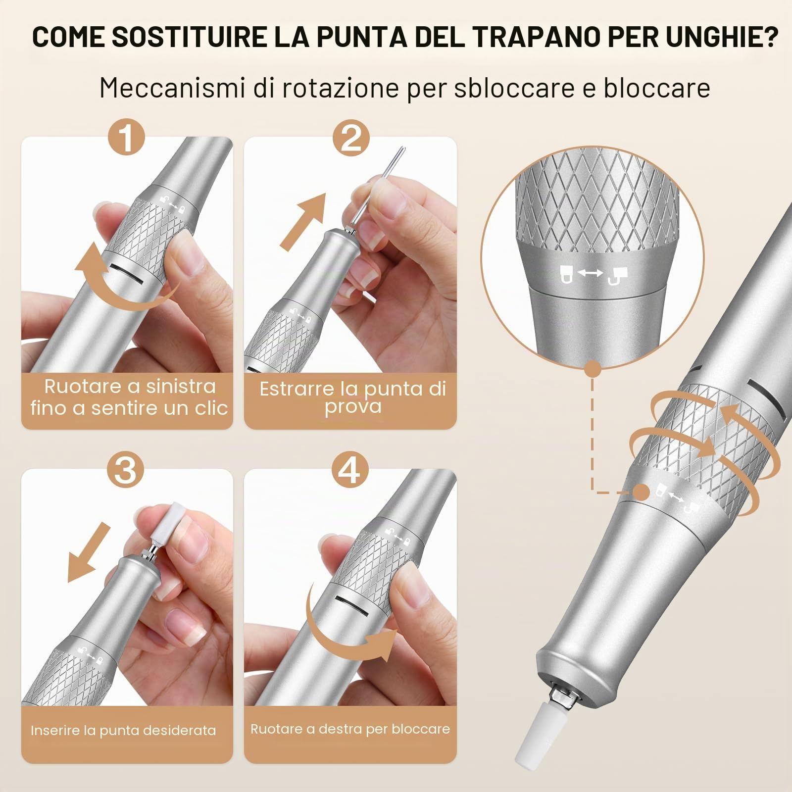 Fresa per Unghie Professionale 45000 giri,12 testine di levigatura,Display LCD touch control,Manopola in cristallo,Lima per unghie portatile per unghie in acrilico e gel (Bianco)