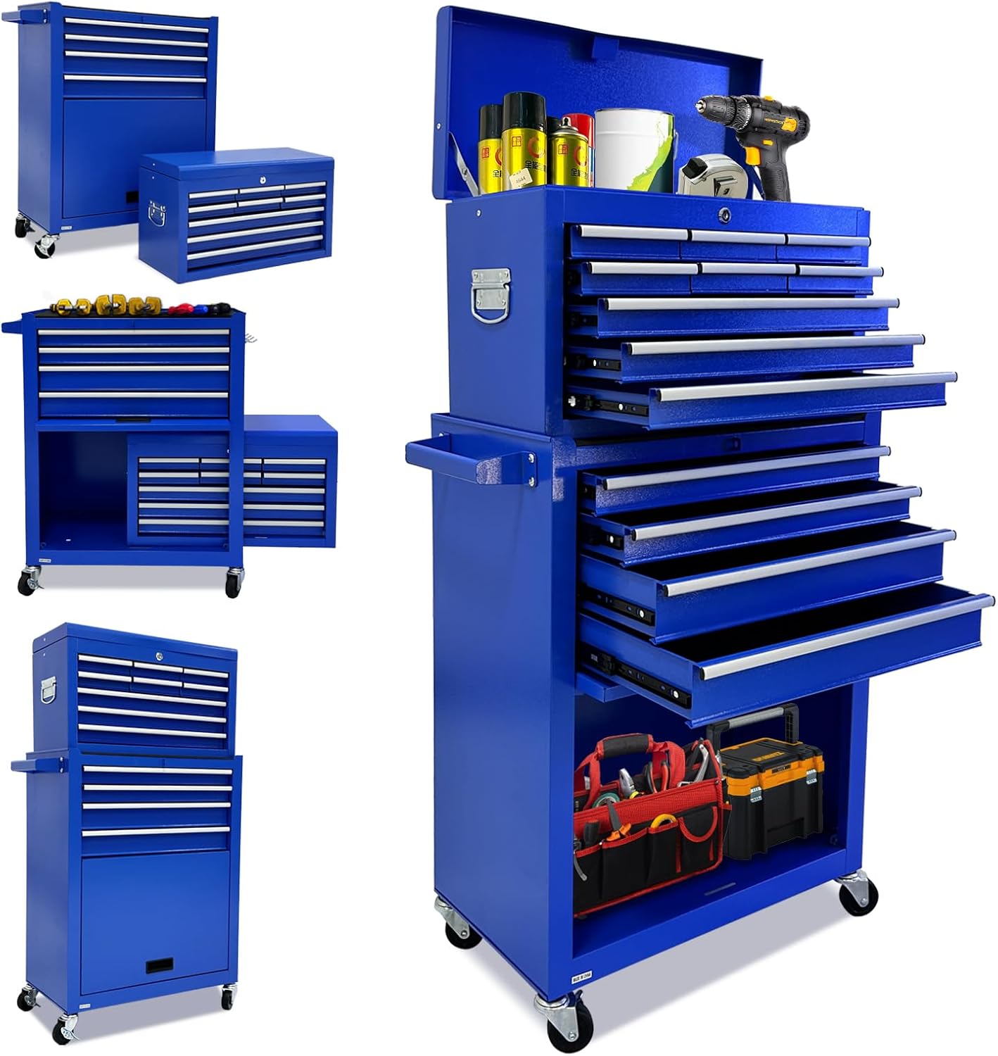 13-Drawer Rolling Tool Chest with Wheels,2 in 1 Detachable Tool box with Drawers,Large ToolBox with Lock,Mobile Steel Tool Cabinet Storage for Warehouse,Garage-Blue