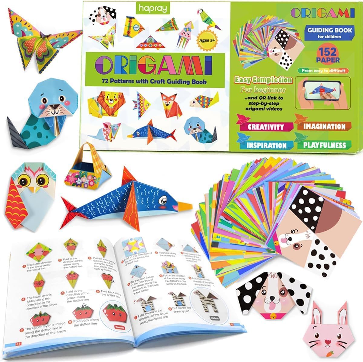 hapray Origami Kit for Kids Ages 5-8 8-12, with Guiding Book, 152 Paper with 72 Patterns, DIY Art and Craft Projects, Beginners Children's Day Gift Boy Girl