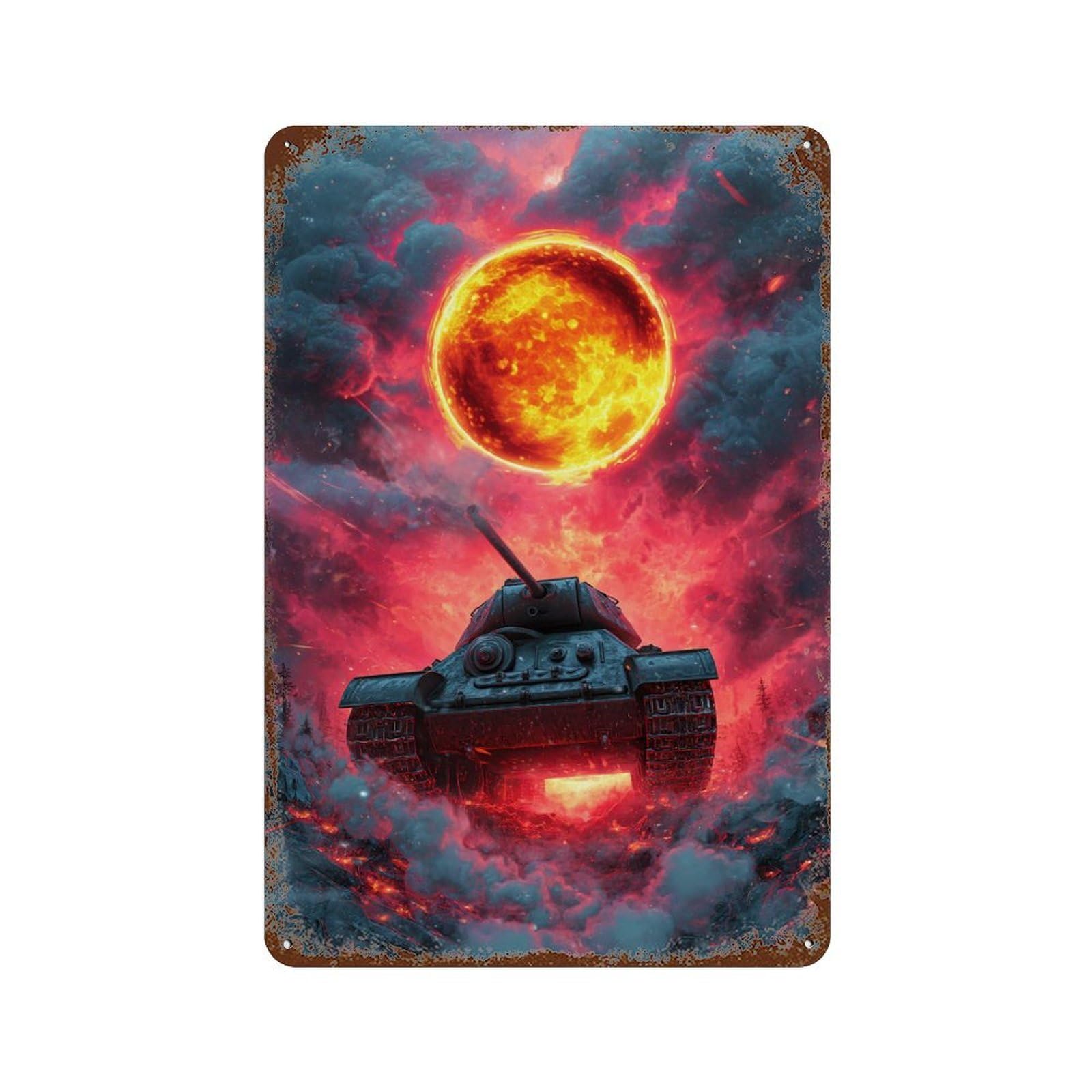 Apocalyptic Tank Battle Scene Retro Metal Sign 11.8"x7.9", Shabby Chic Decor for Bistro, Counter And Cafe Decor