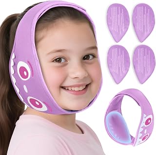 NEWGO Kids Tonsil Recovery Ice Pack, Cute Wisdom Teeth Ice Pack Head Wrap with 4 Reusable Hot & Cold Gel Packs for Wisdom Teeth, Kid-Friendly Gel Ice Wrap for Post-Tonsil and Dental Recovery - Purple
