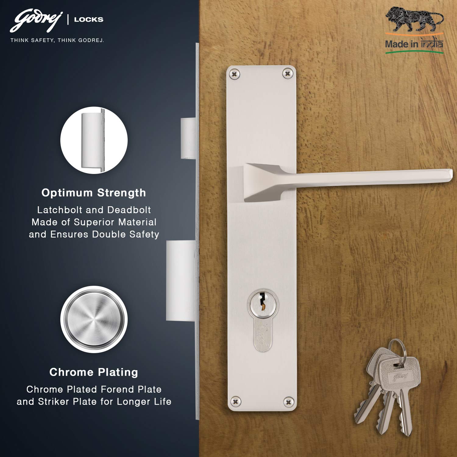 Godrej Locking Solutions and Systems Locks NEH 16-240 mm Door Handle with Lock Set 2C Satin Steel 2