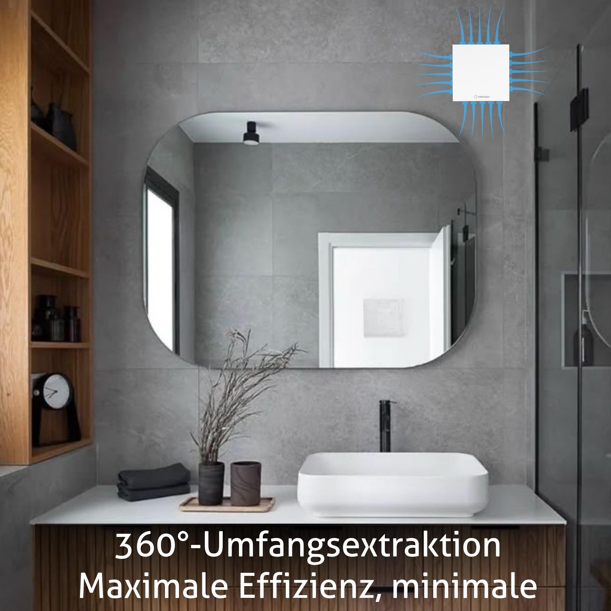 Turbionaire Arte 100 TW Badlüfter, Timer, 100 mm, Rücklaufsperre, IPX4, Leiser Abluftventilator, Mit Perimeterabsaugung, Für Belüftung im Badezimmer und WC