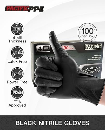 Miniatura 2 de PACIFIC PPE - Guantes desechables de nitrilo de 4 mil, negros, seguros para alimentos, sin látex, para limpieza y cocina, talla pequeña