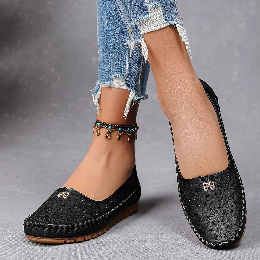Stilvolle und leichte orthopädische Schuhe, florale Aushöhlung Fahrschuhe | Orthopädische Damen-Slipper aus atmungsaktivem Leder, Slip-On-Strass-Schleife, Wanderschuhe für Business, Freizeit, elegant