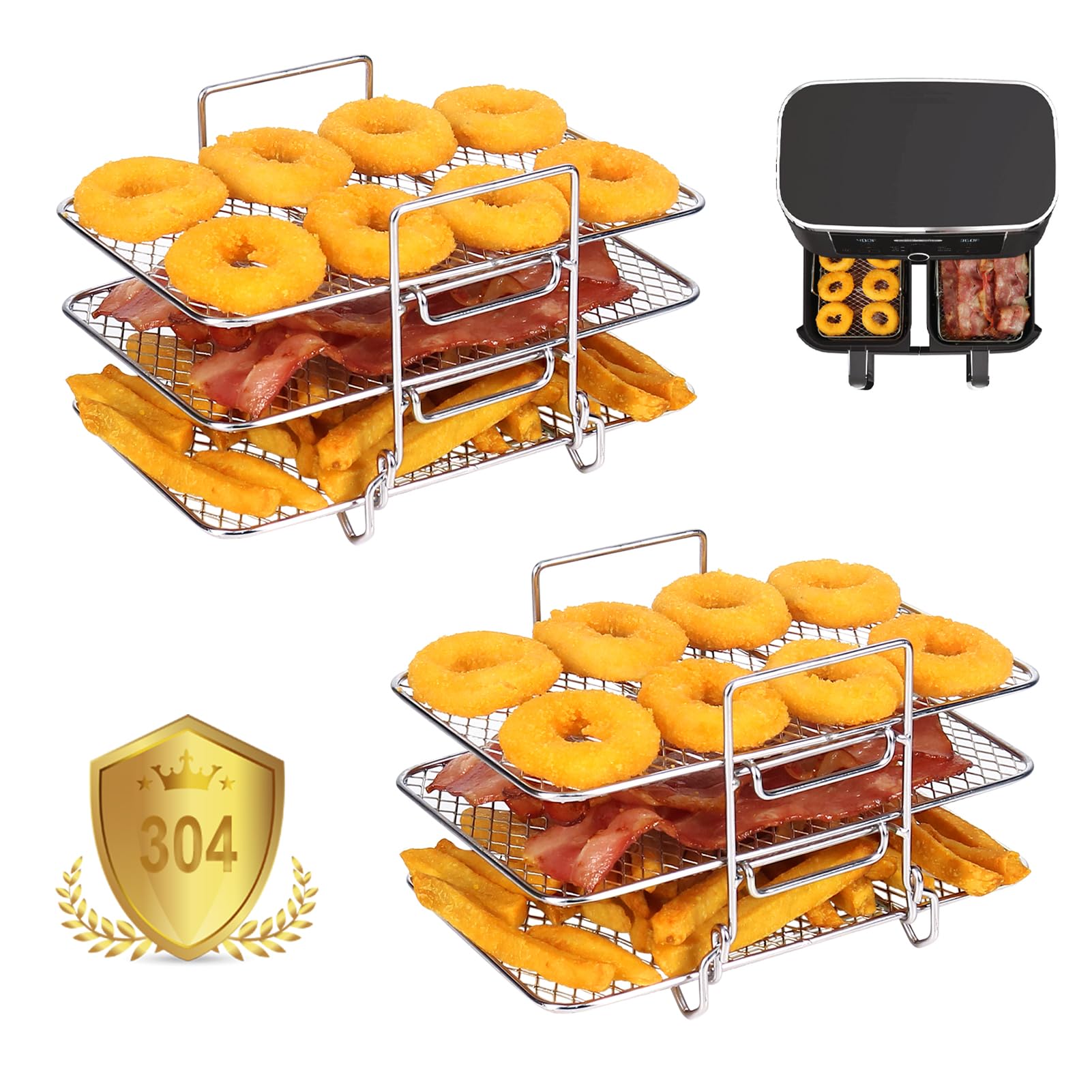 YQL 2PCS Three-Layer Air Fryer Racks for Ninja Foodi Dual Zone 7.6L AF300UK, 304 Stainless Steel Stackable Airfryer Shelf Trays, Air Fryer Accessories for Ninja, Tower, Salter, EMtronics Double Basket