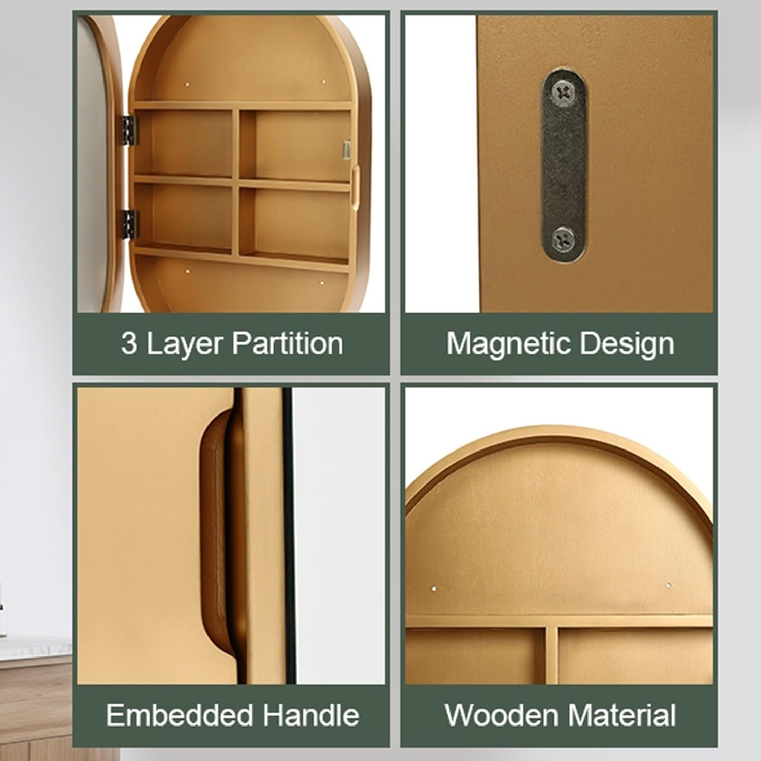 Wall Mount Oval Bathroom Mirror Cabinet with Solid Wood Frame Storage for Home(Gold)