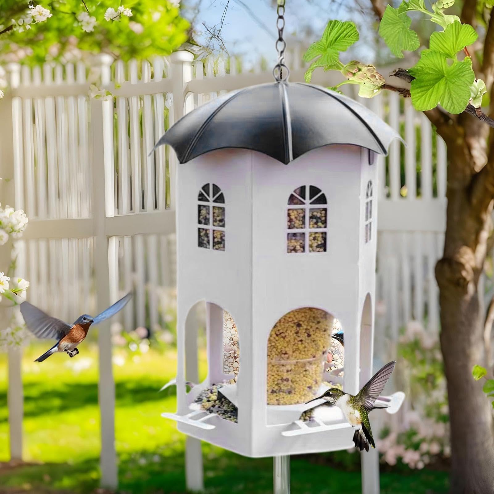 Comederos para pájaros para exteriores, comedero de metal impermeable para pájaros silvestres con ventana transparente, estación de alimentación de jardín para pollos, jilgueros, pinzones y gorriones