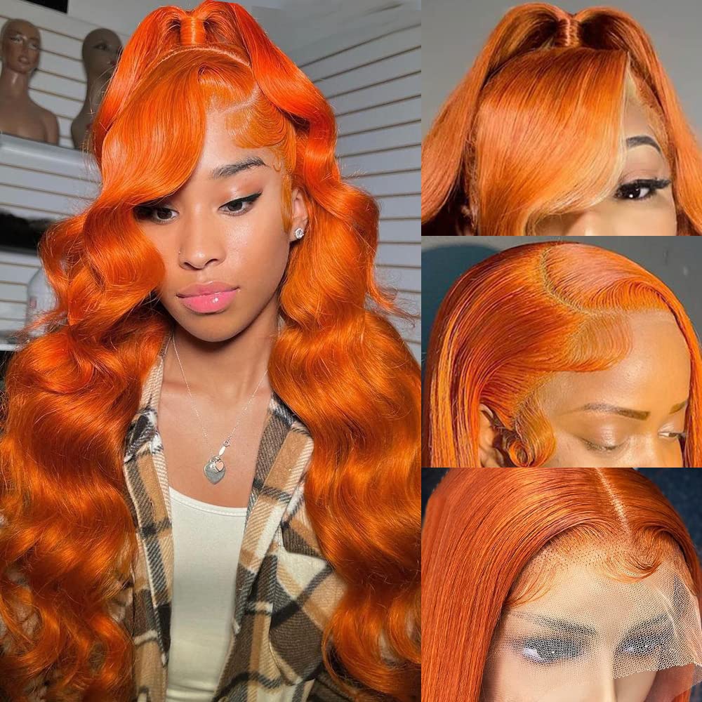 Avolo Ginger Lace Front Wigs Human Hair Pre Plucked Colored Orange Ginger Human Hair Lace Front Wigs Body Wave 13x4 180% Density HD Lace Frontal Wig