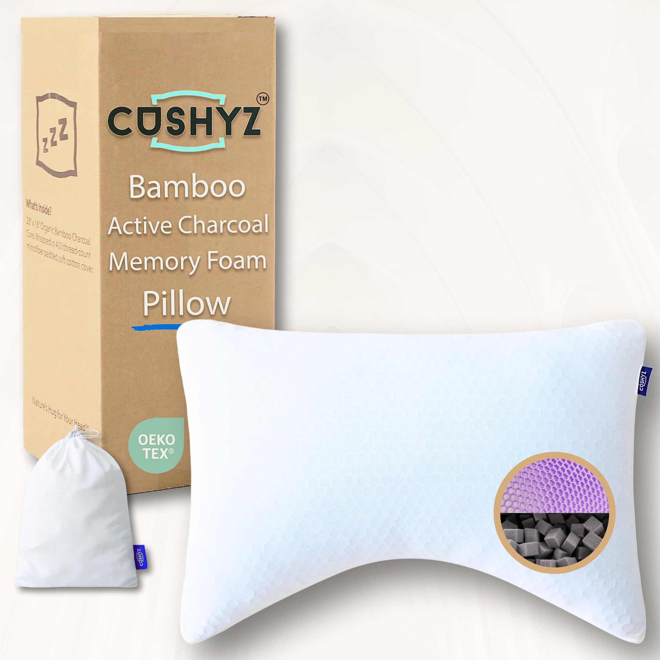 Adjustable Bamboo Charcoal Memory Foam Pillow Curved 28x20 in for Neck Shoulder Support 3D Breathable Honeycomb Cooling Cover