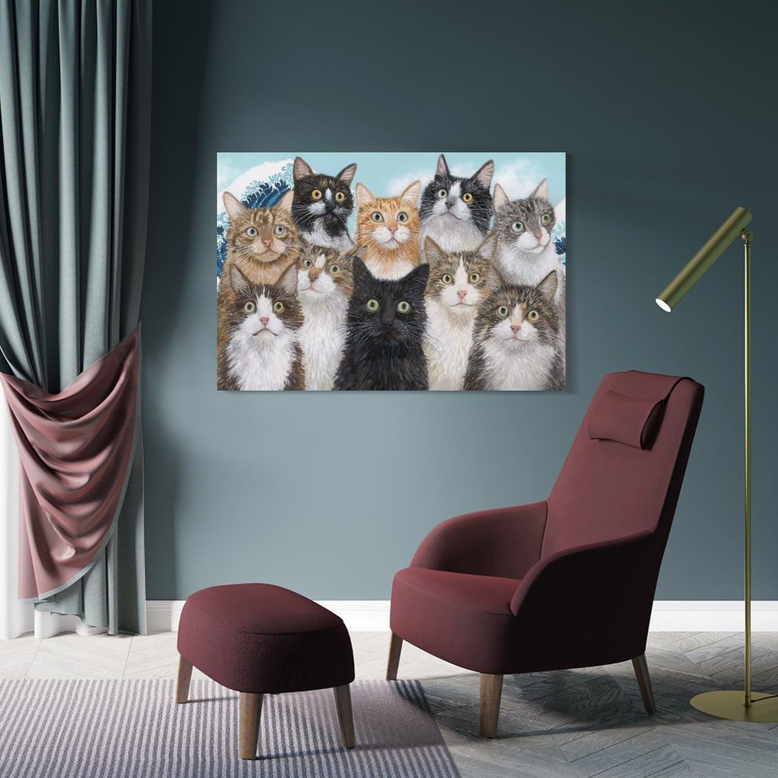 Junmoney Cats in The Style of Hokusai Decorative Wall Artwork 24x36inch(60x90cm), for Living Room, Bedroom, Office Or Hallway, Decorative Artwork with Broad Appeal