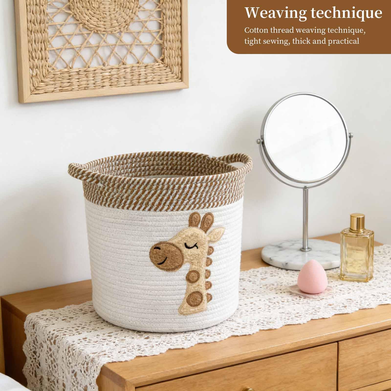 Panier de Rangement Corde en Coton Motif Girafe, Panier Pliable Mignon pour Jouets et Linge, Solution Rangement Maison et Dortoir, 30 x 30 cm, Design Cartoon